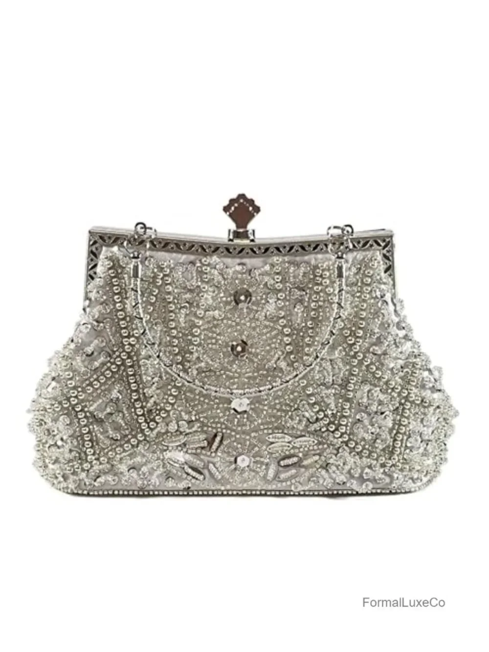 Beaded Clutch Evening Bag with Detachable Chain Strap Vintage Sequin Handbag